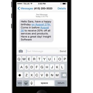 Insight Spa Software happy birthday text with discount